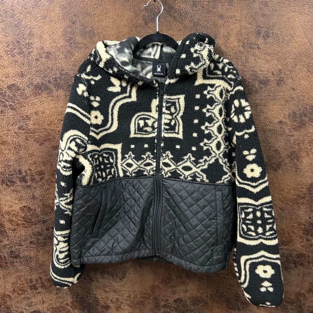 NWT‎ Spyder Full Zip Quilted Fleece Hooded Jacket Women's Large Aztec Medallion
